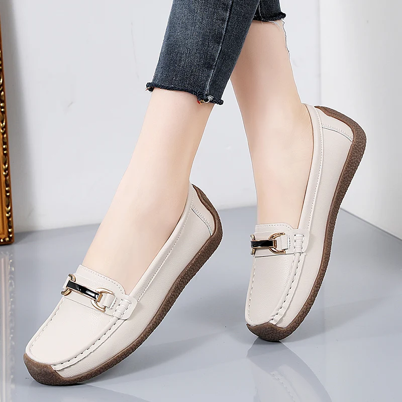 Zapatos planos versátiles de piel auténtica para mujer, calzado informal de suela suave, talla grande, Primavera, 2023