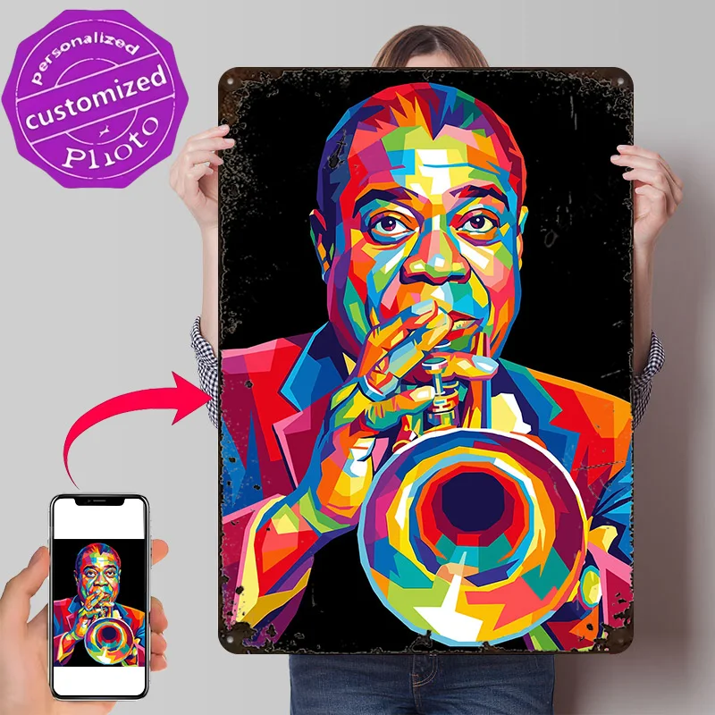 Louis Armstrong Playing Trumpet Personalized 3D Textured Metal Poster Wall Art Tinplate Sign for Vintage Decor Room Wand Deko