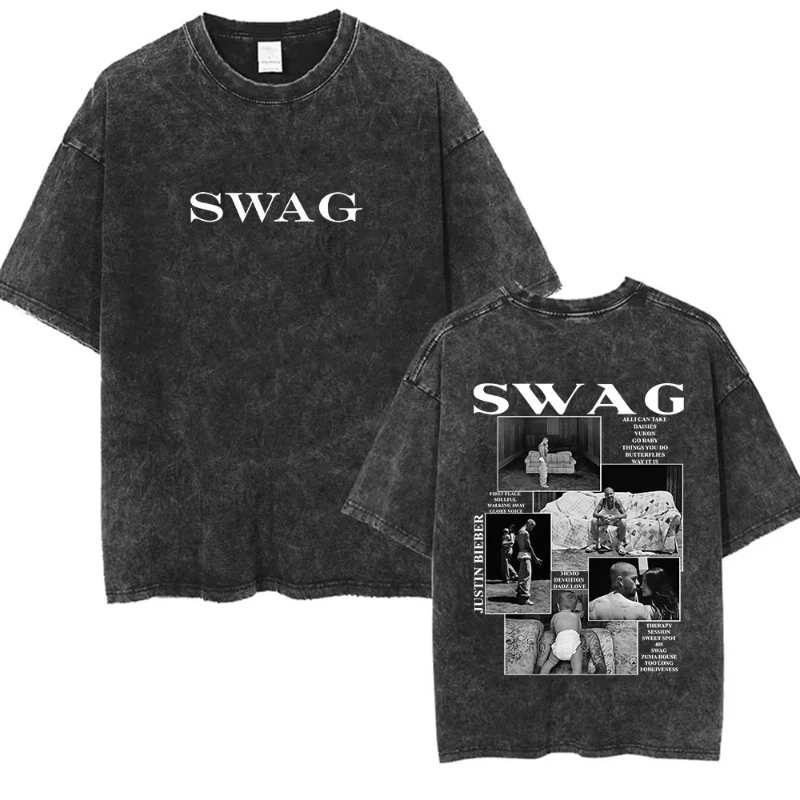 Rapper Justin Bieber SWAG Album 2025 Vintage Washed Graphic T-Shirt Woman's Hip Hop Loose Fashion Short Sleeve Streetwear