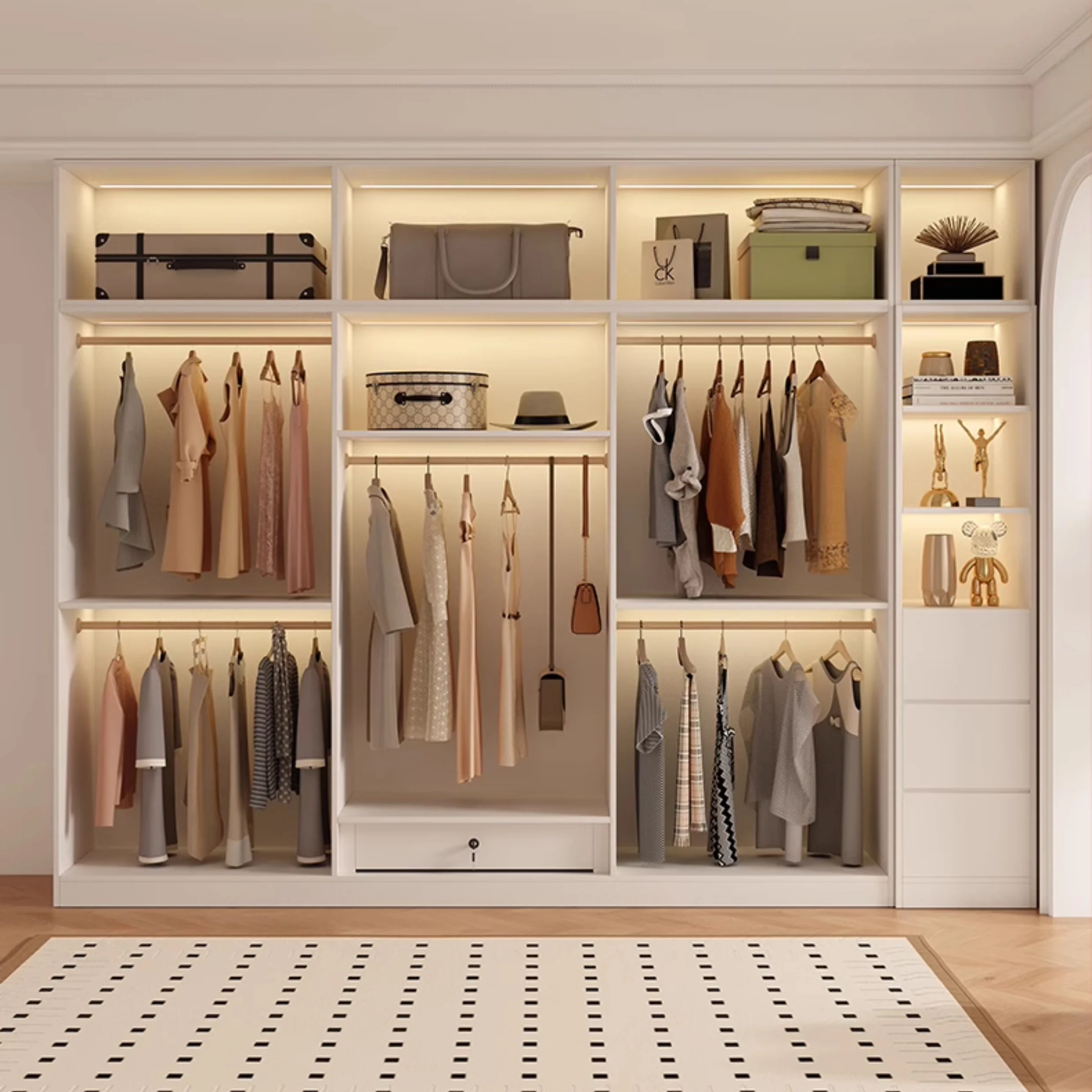 

#Luxury Modern Wooden Wardrobe with Glass Door Portable Walk-In Closet for Bedroom Gym Hospital School Villa with Light Feature
