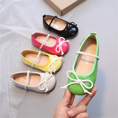 Bow Line with Round Toe A Slip-on Girls Shoes Multi-color, Girls Spring and Autumn New PU Outdoor Casual Shoes, Size 21-36