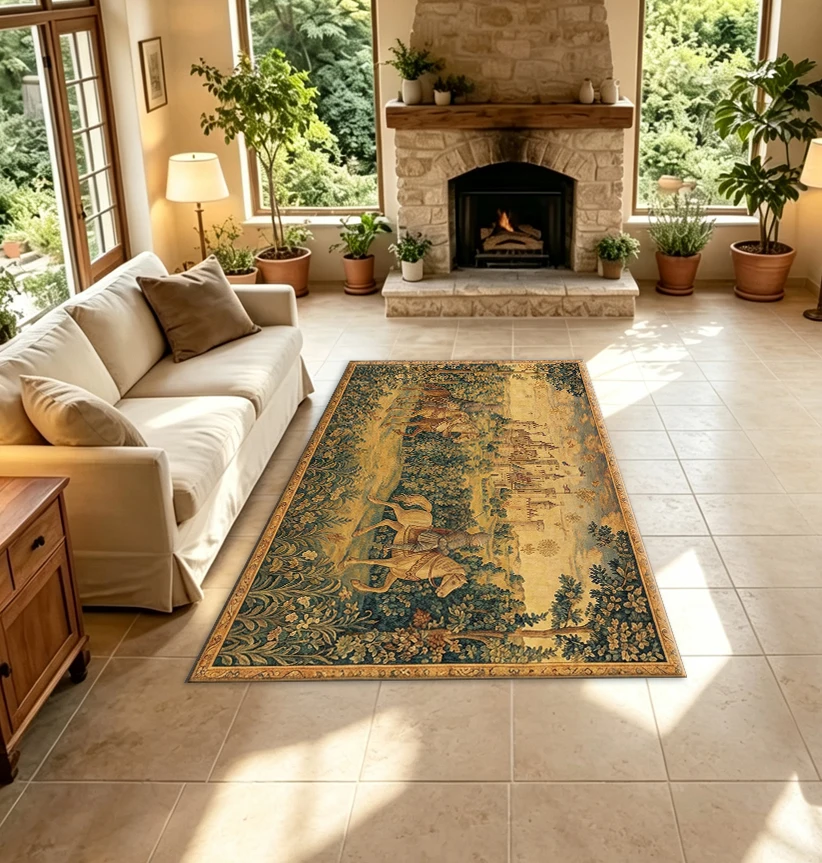 Medieval Knight Castle Tapestry Style Carpet, Vintage European Ancient Castle Knight Non-Slip Rug, Suitable for Study Room Home Decoration