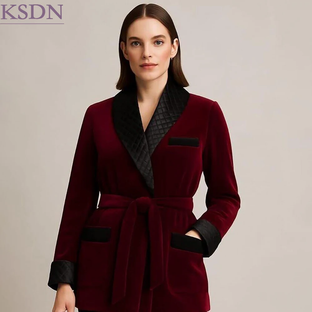 Belted Women's Suits Fashion Smoking Burgundy Velvet Blazer With Black Pants Shawl Lapel 2 Piece Daily Female Clothing Outfits