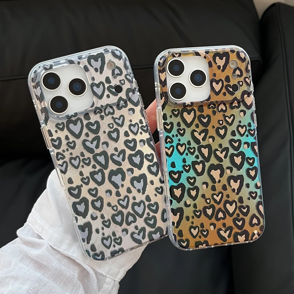 

Cute Heart Fashion Leopard Print Phone Case for Iphone 14 16 15 17 Pro Max Shockproof Protective Tinfoil Pattern Back Case Cover