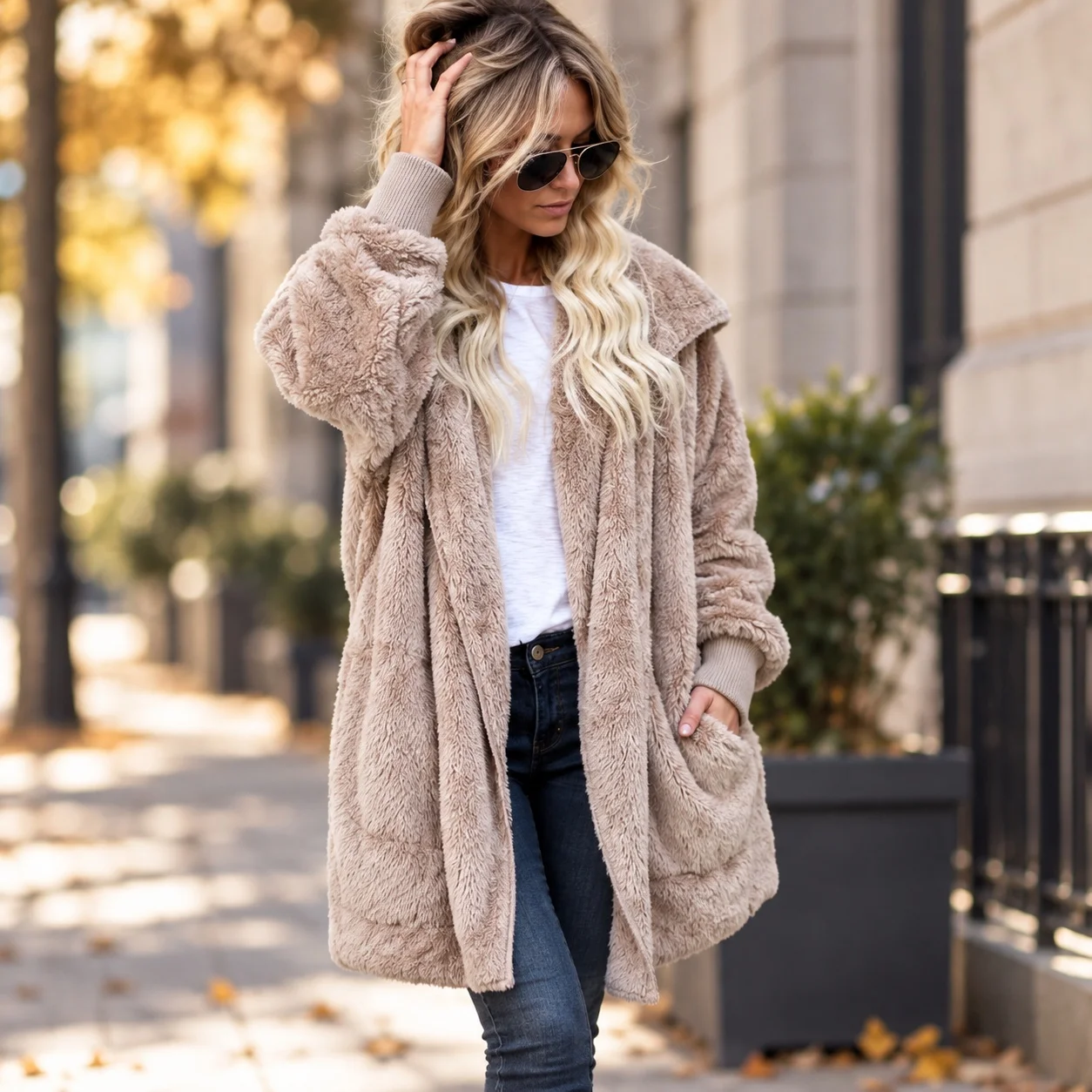 Open Front Hooded Coat Mid Length Elegant Commuter with Batwing Long Sleeve Mid Long Length Single Set Women Winter Jacket