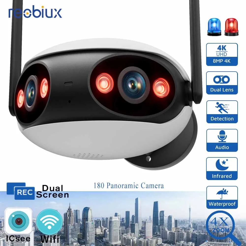 Reobiux Wifi Camera 8MP HD IP Cam Outdoor Surveillance Camera Panoramic Camera with AI Motion Detection Via ICsee Control