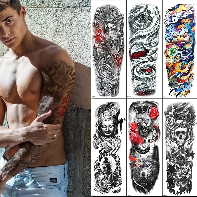 Tatuaggio temporaneo Full Arm Body Art Stickers impermeabile Large Arm Sleeve Tattoo Women Adult Man Semi Permanent Tattoo Lion Rose