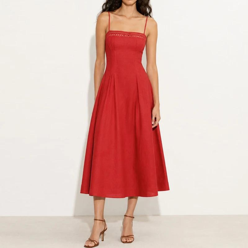

Off Shoulder Sleeveless Suspenders Dress Women Sexy Simple Backless Hollow Long Dress Elegant Waist Embroidery vacation Dresses