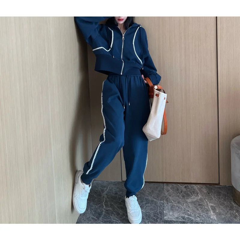 

Casual Hooded Sweatshirts Pants Two-piece Sets Shell Embroidery High Waist Suit Street Hipster Pocket Hoodies Cardigans Trousers