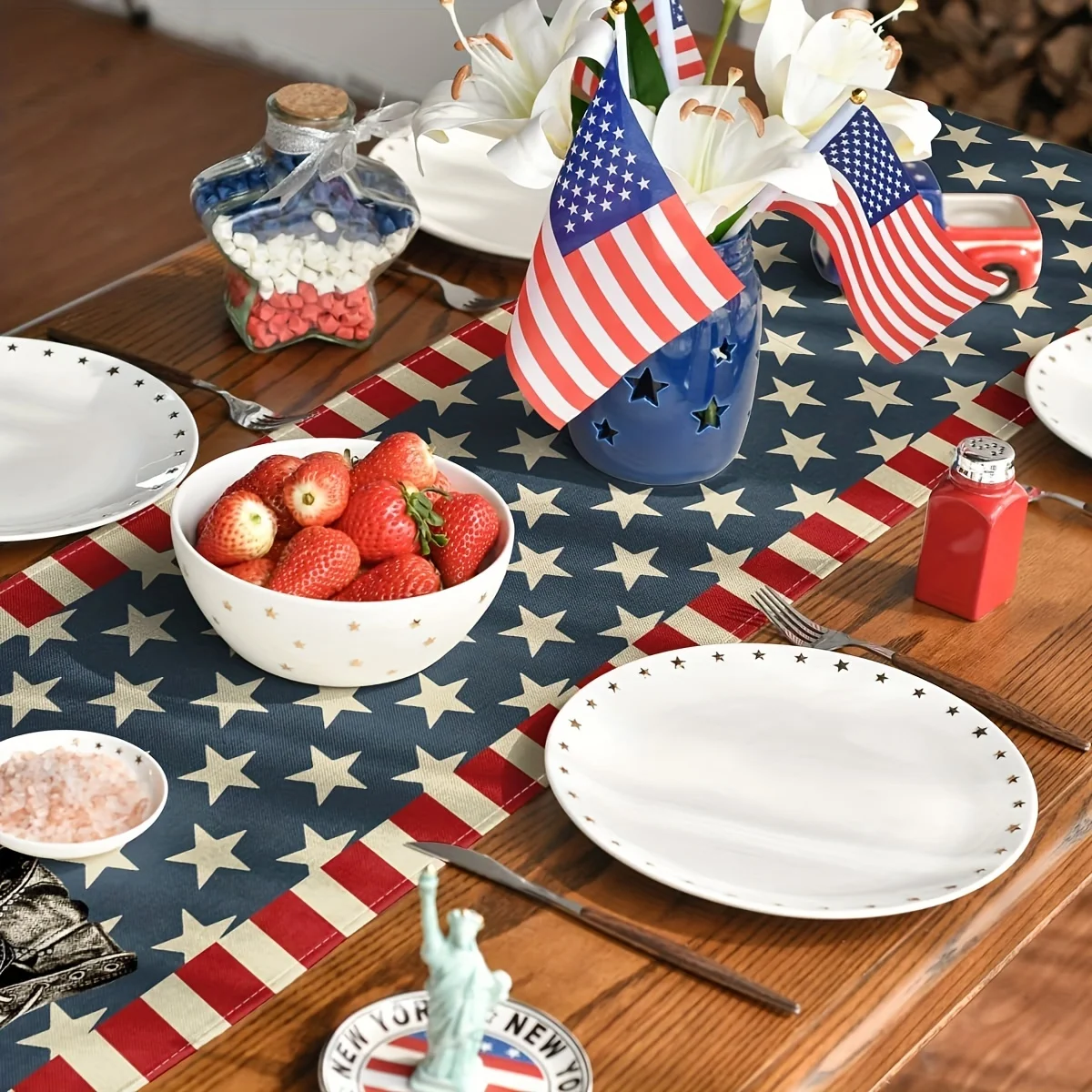 1pc Luxurious Linen Patriotic Table Runner Striped Stars Design Linen Cover Material  Kitchen Decoration Tv Cabinet Table Cover