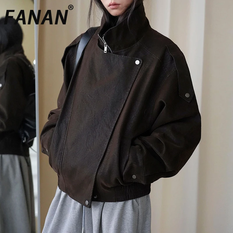 FANAN Women Vintage Stand Collar Bomber Jacket Dark Asymmetrical Zip Rivet Loose Short Coat Elastic Hem Casual Outerwear Autumn