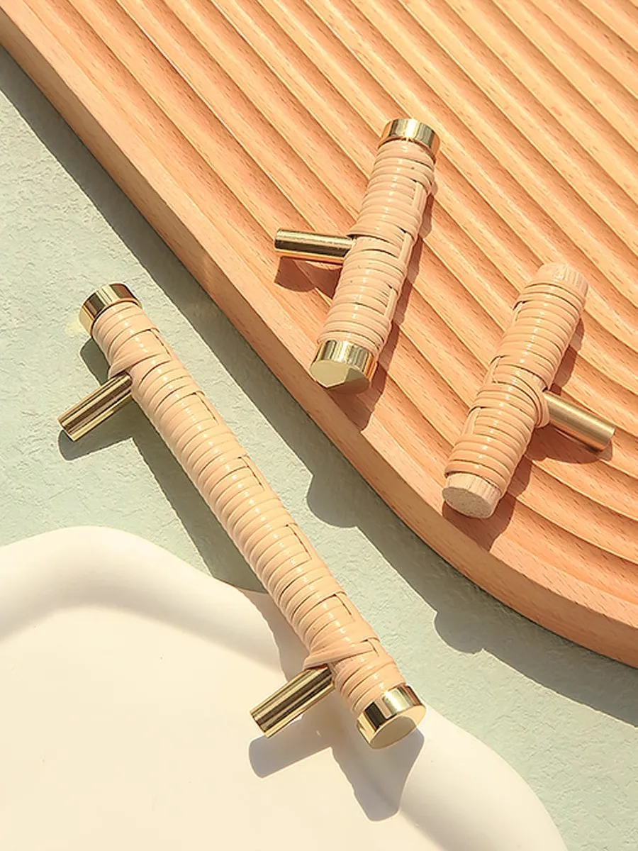 Rattan weaving Creative T shape Cabinet Handles Brass Modern Wardrobe Pulls Wooden Drawer Cupboard Door Knobs Furniture Hardware