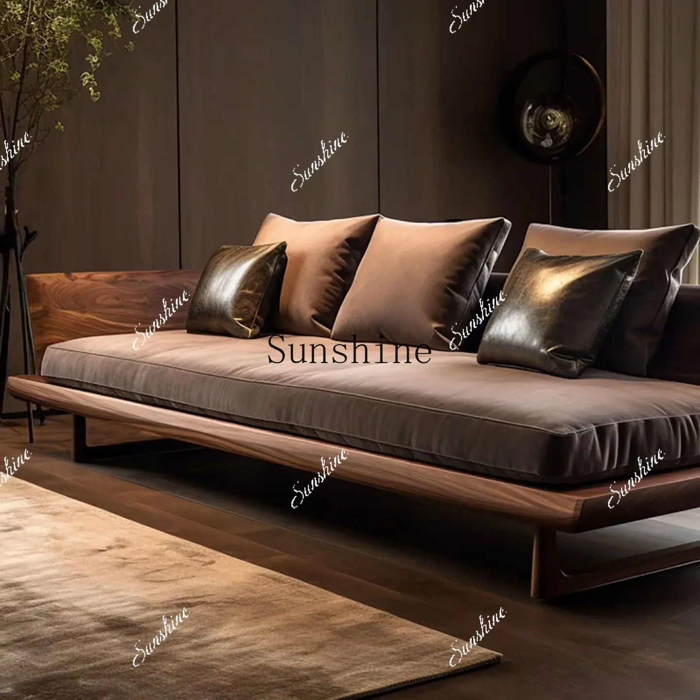 Black walnut minimalist straight row modern minimalist light luxury solid wood fabric sofa  FT