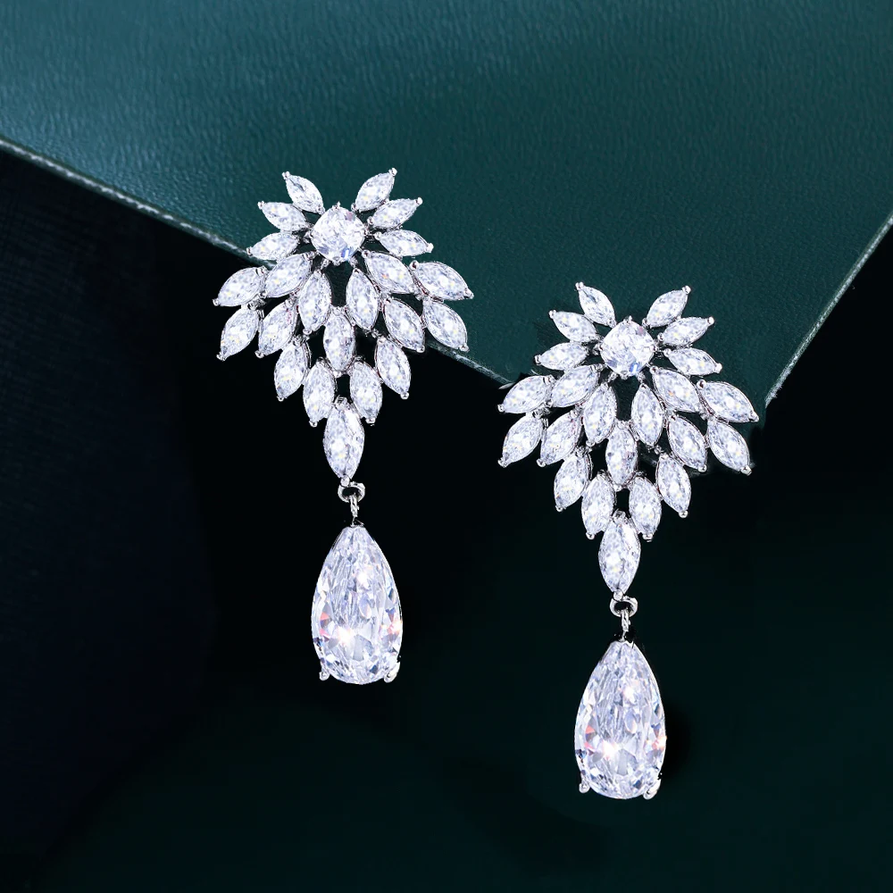 CWWZircons Shiny White Marquise Cut Cubic Zirconia Long Leaf Drop Dangle Earrings for Women Wedding Engagement Party Wear CZ732