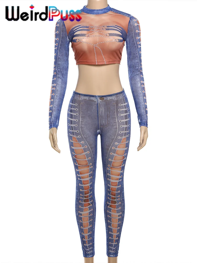 Weird Puss Special Sexy Print 2 Piece Set Women 2024 Fashion See Through Crop Tops+Stretch Leggings Matching Clubwear Outfits