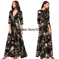 Women Bohemian Vintage Ethnic Floral Print Dress Holiday Style V Neck Short Sleeve Loose Split Long Holiday Beach Dress.