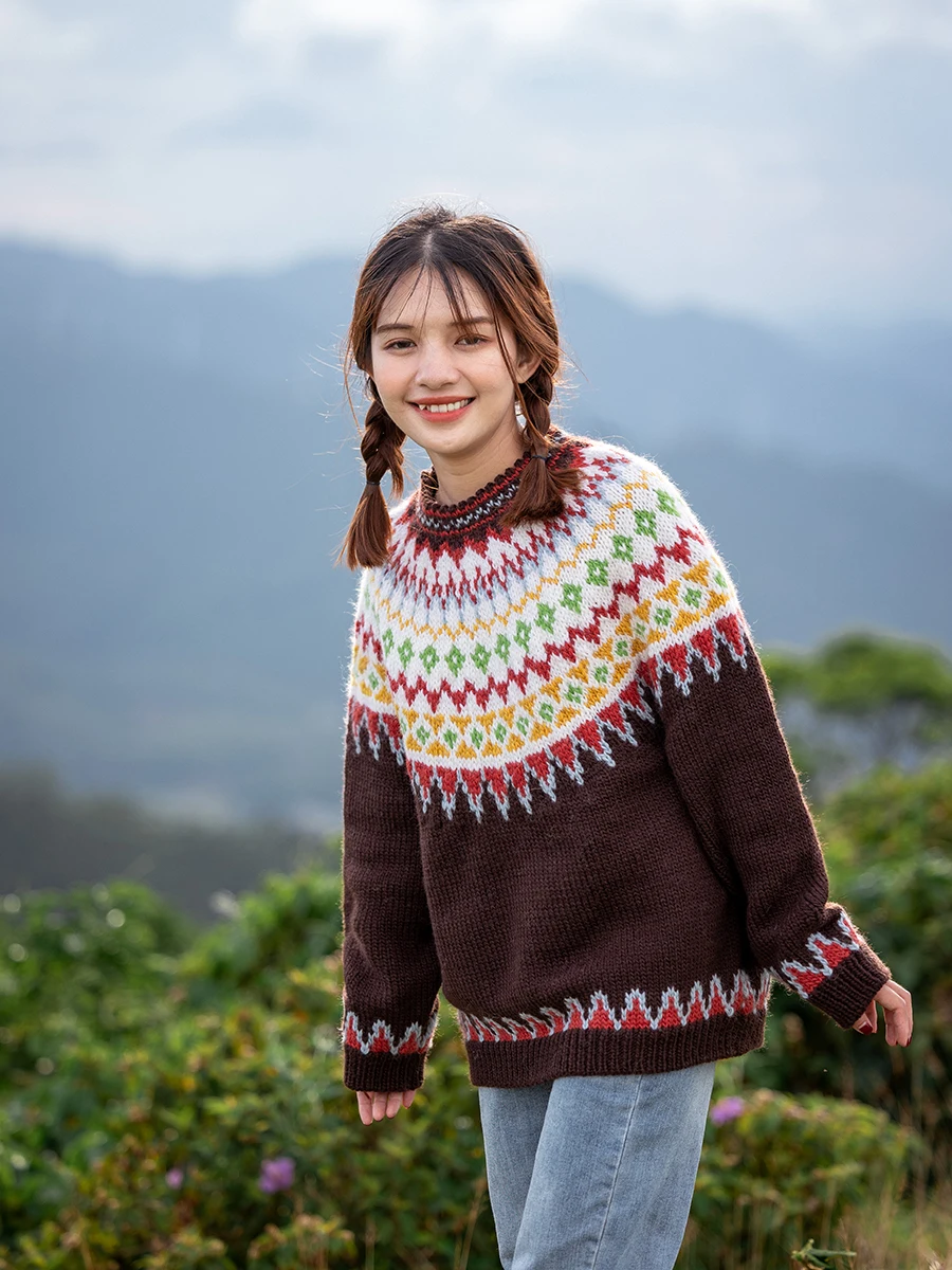 Autumn Spring Original Design Women Hand Knit Fair Isle Vintage Inspired Handmade Thick Warm 100% Wool Pullover Sweater Jumpers