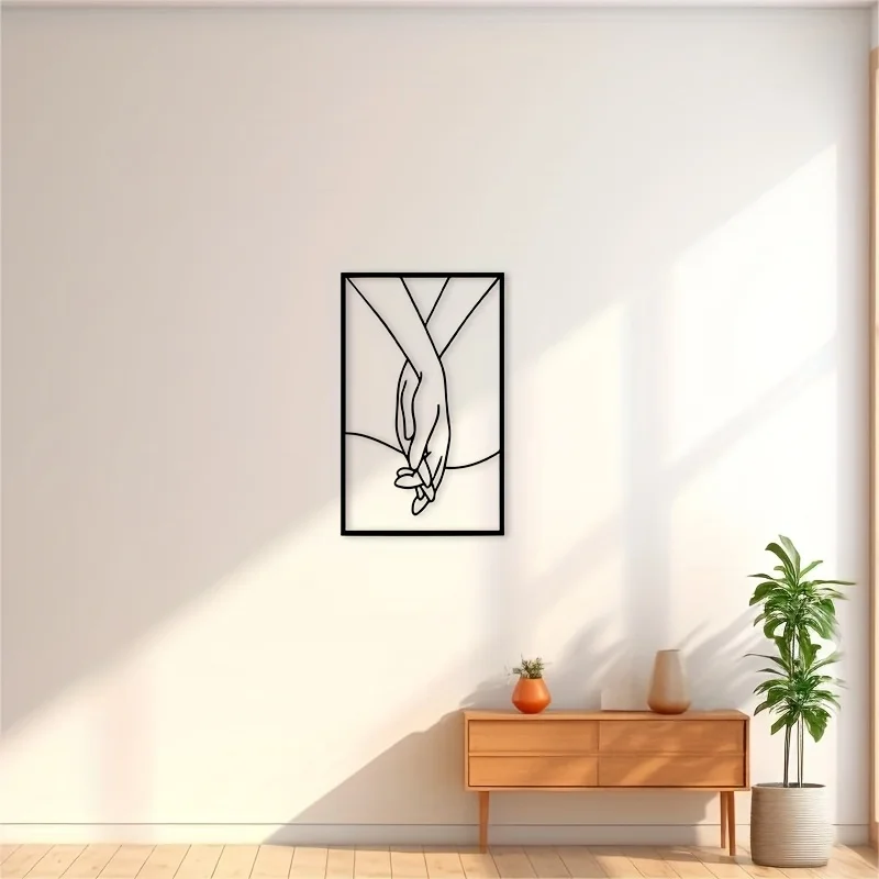 Minimalist Black Sculpture for Gallery Wall & Valentine's Decor Intertwined Hands Metal Wall Art with Floral Design