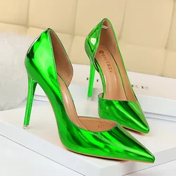 Women 10.5cm High Heels Scarpins Pumps Lady Neon Green Blue Fetish Wedding Bridal Heels Metallic Glossy Leather Evening Shoes