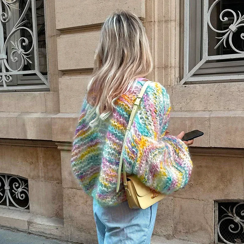 Fashion Ladies V-neck Long Sleeve Cardigan 2023 Autumn Streetwear Loose Coats Elegant Rainbow Crochet Hollow Knitted Outerwear