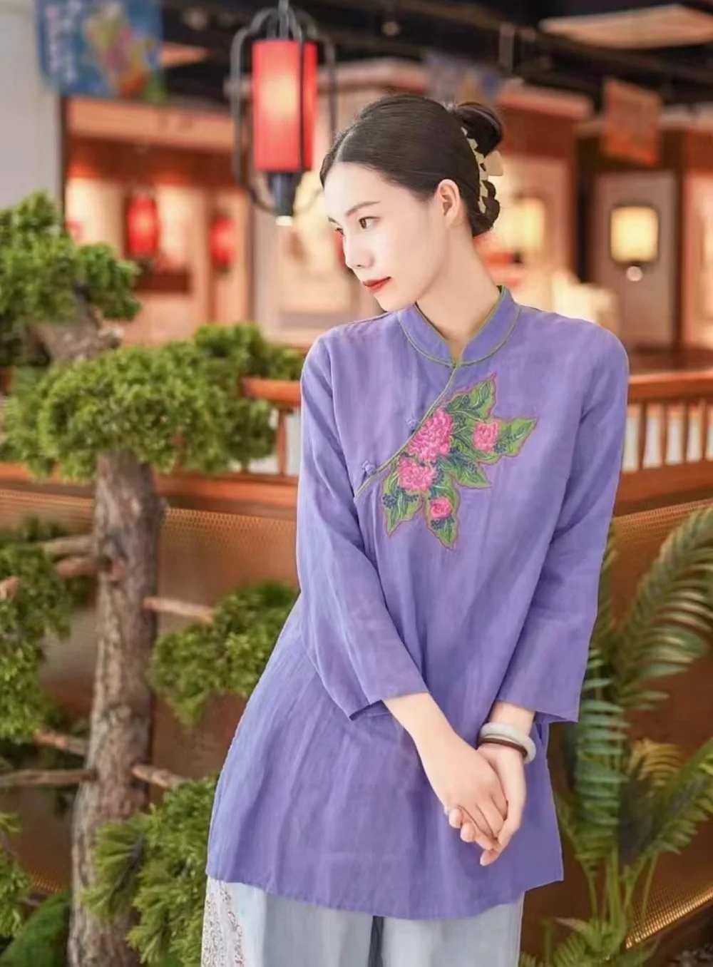 Chinese style Women\'s clothes 100% linen purple loose long gown Vintage fashion embroidery cheongsam elegant party dress