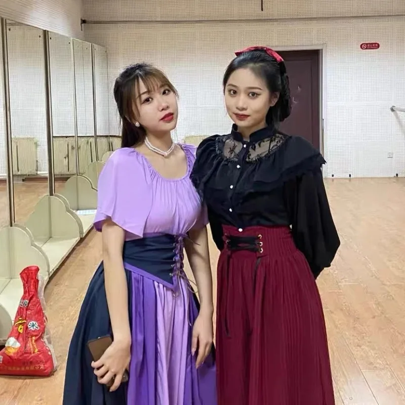 qq38 폭발적인 인기 드레스 유럽 및 미국 중세 레트로 궁전 스타일 스티칭 플라잉 슬리브 레이스업 허리 원숄더 코스프레 드레스