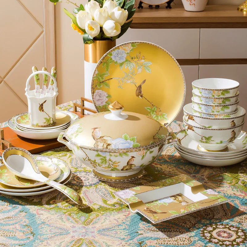 

Household bone china tableware set set dishes light luxury
