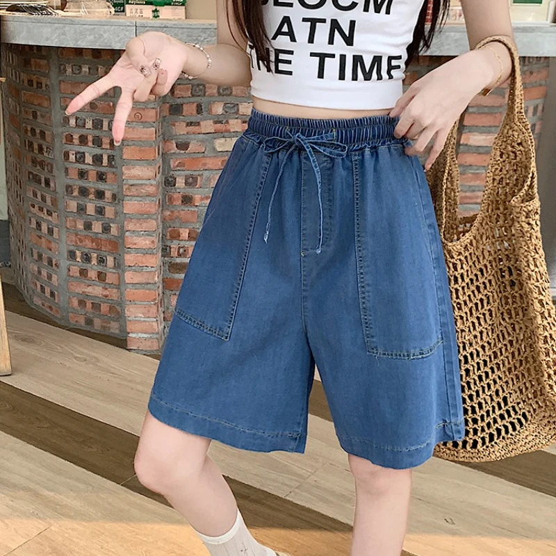 2024 Summer New Denim Pants Women Solid Color Drawstring High Waist Loose Pants Office Lady Versatile Casual Short Jeans Female