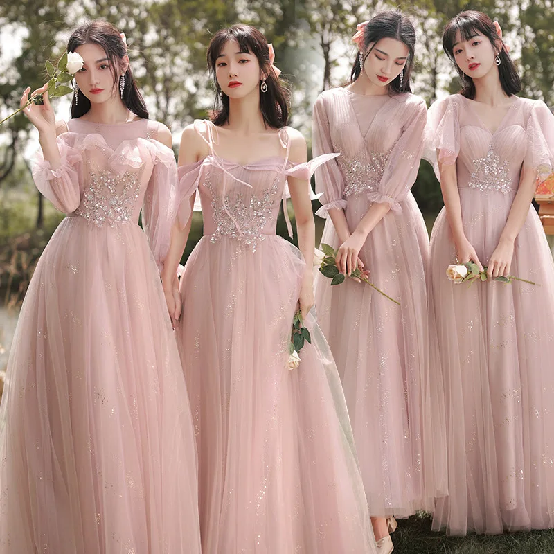 4 Styles Pink Bridesmaid Dresses Elegant Off Shoulder Applique Wedding Female Guest Dresses Fashion Tulle Sisters Party Gown