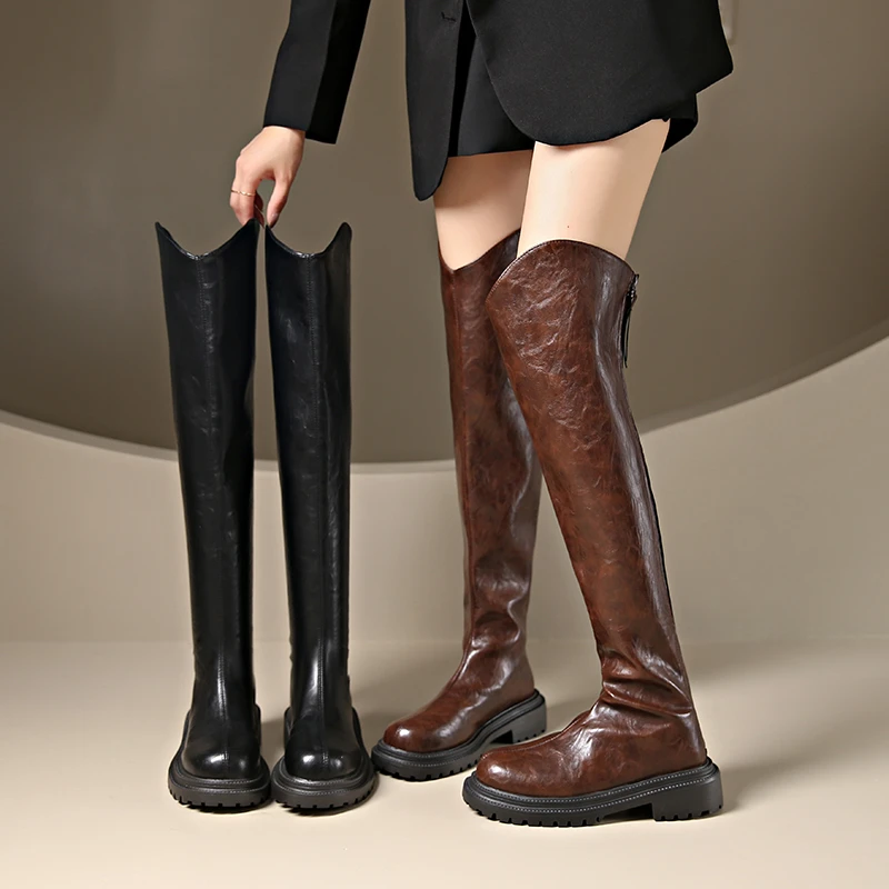 

Back Zip Block Heel Thigh Boots Fall Winter New Round Toe Waterproof Platform Non-Slip Leather Tall Boots