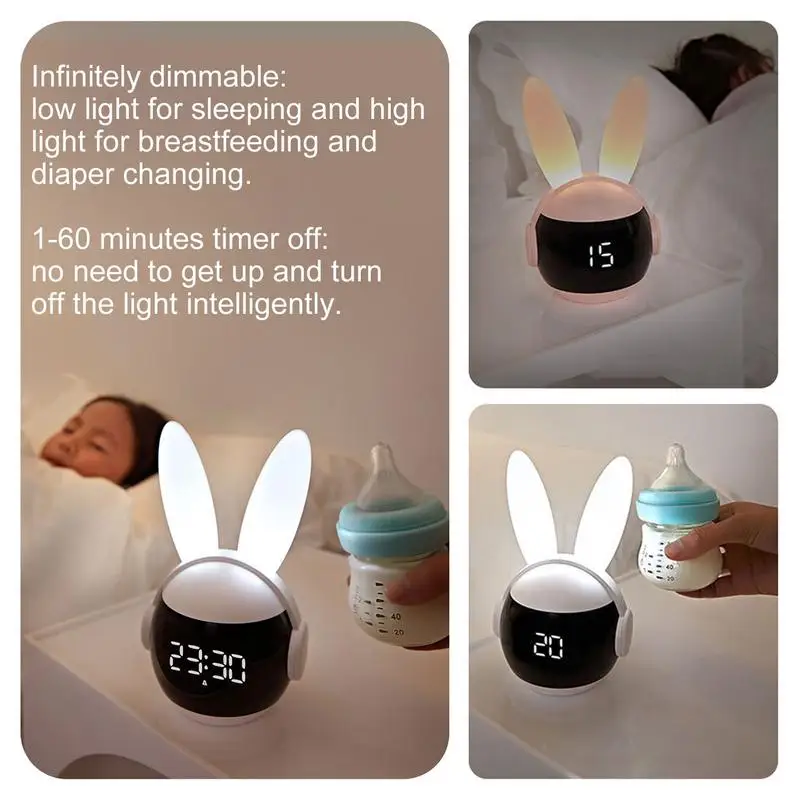 Rabbit Alarm Clock Rainbow Animal Lamp Three Ways Wake Up Rechargeable Bedside Clock Creative Timing Night Light For Bedroom