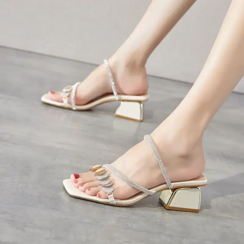 Outside Women's Slippers and Ladies Sandals Blue Heeled Slides Rhenstone Sexy Open Toe Indoor Job Shoes Luxury Casual W I Shoe Y image 2