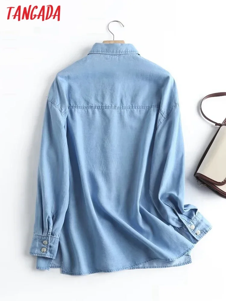 Tangada 2023 women denim cotton shirt blouse long sleeve chic female office lady loose tops 4C169