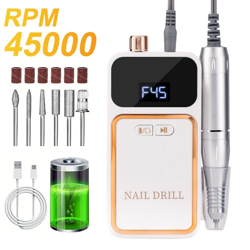 

Профессиональная электрическая портативная дрель для ногтей 45000 об/мин, перезаряжаемая малошумная шлифовальная машинка для ногтей, инструмент для маникюрного салона