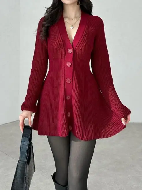 

Fashionable Womens Dresses Casual Long Sleeved Sweater Dress Lazy and Elegant V-Neck Button Up Long Sleeved Knitted Mini Dress