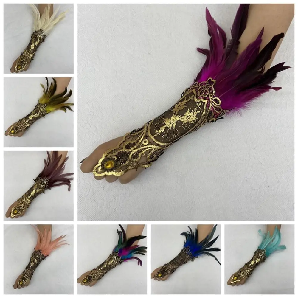 

Witch Halloween Feather Gloves Retro Gothic Women Feather Lace Glove Halloween Embroidery Halloween Feather Cuffs Festival