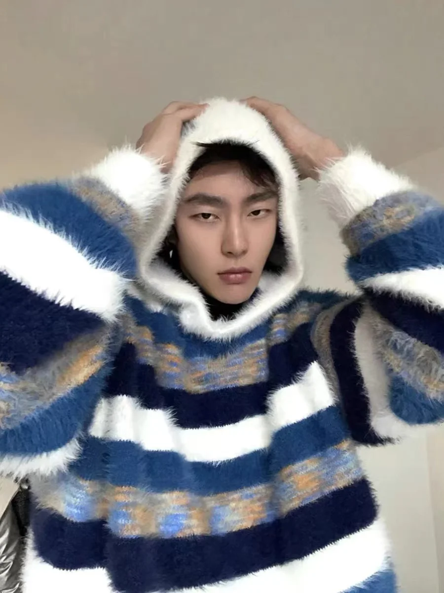 

Мужской осенне-зимний свитер-кардиган свободного кроя с полосатым узором, вязаный, повседневный, модный, молодежный