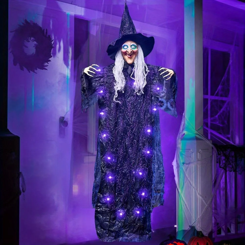 Sloosh 72'' Halloween-Dekorationen für drinnen, hängende sprechende Hexe, leuchtendes Geist mit lila Augen, Tonaktivierung, gruselige Hausparty-Requisite.
