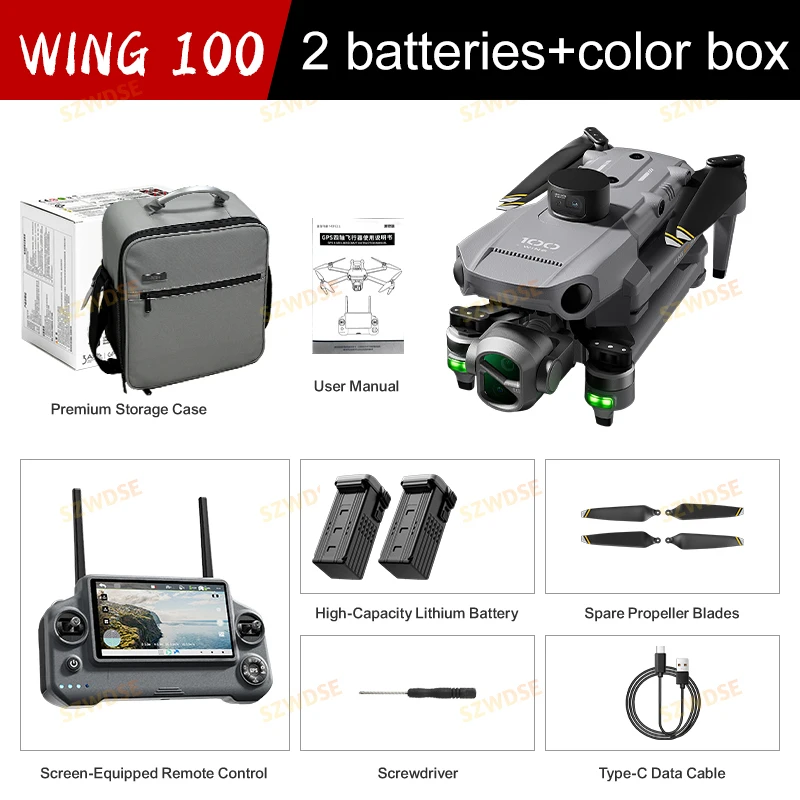 Nieuwe Wing 100 GPS Drone UHD Camera 3-Axis Gimbal Met Touchscreen Borstelloze Obstakelvermijding Opvouwbare Quadcopter Drone RC Speelgoed
