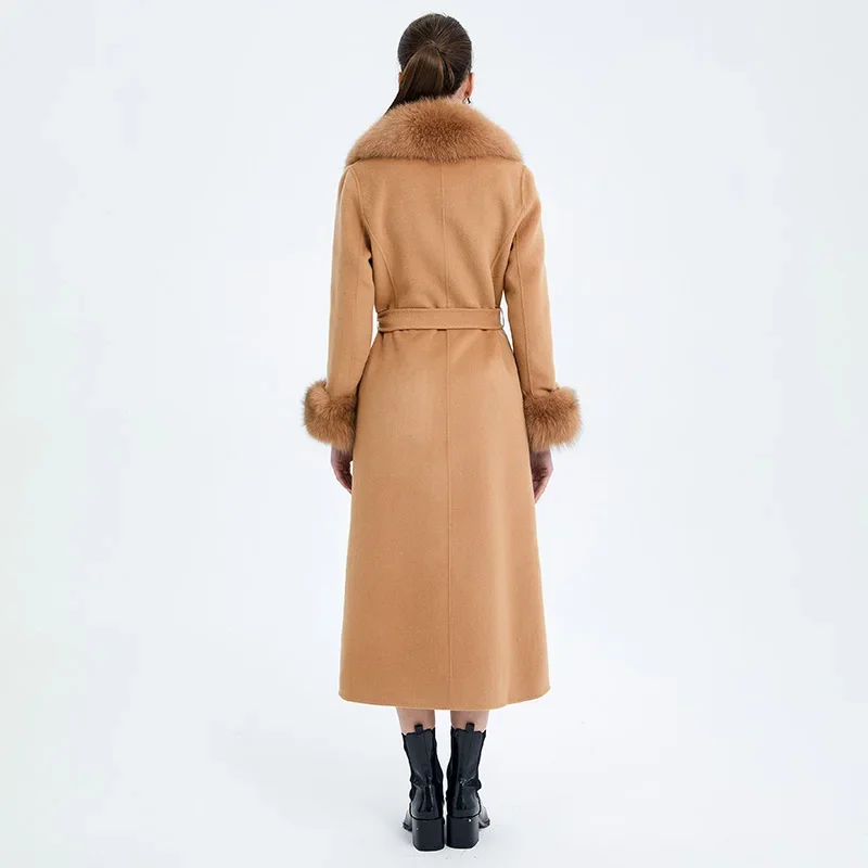 2024 New Wool Coats For Women Autumn Winter Trench Coats With Fox Collar Cuff Full Sleeve Belt Long Outerwear QN5442