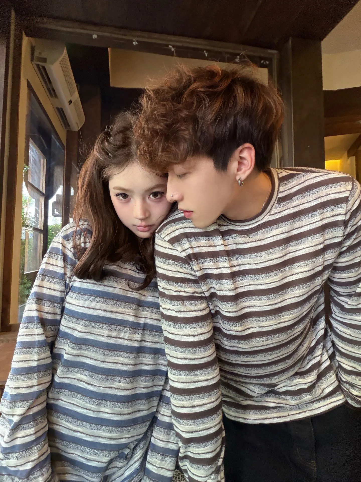 Laid-back Striped Long Sleeve Fleece Early Autumn Men's Women's T-shirt Couple's Casual Style round Neck Pullover Top
