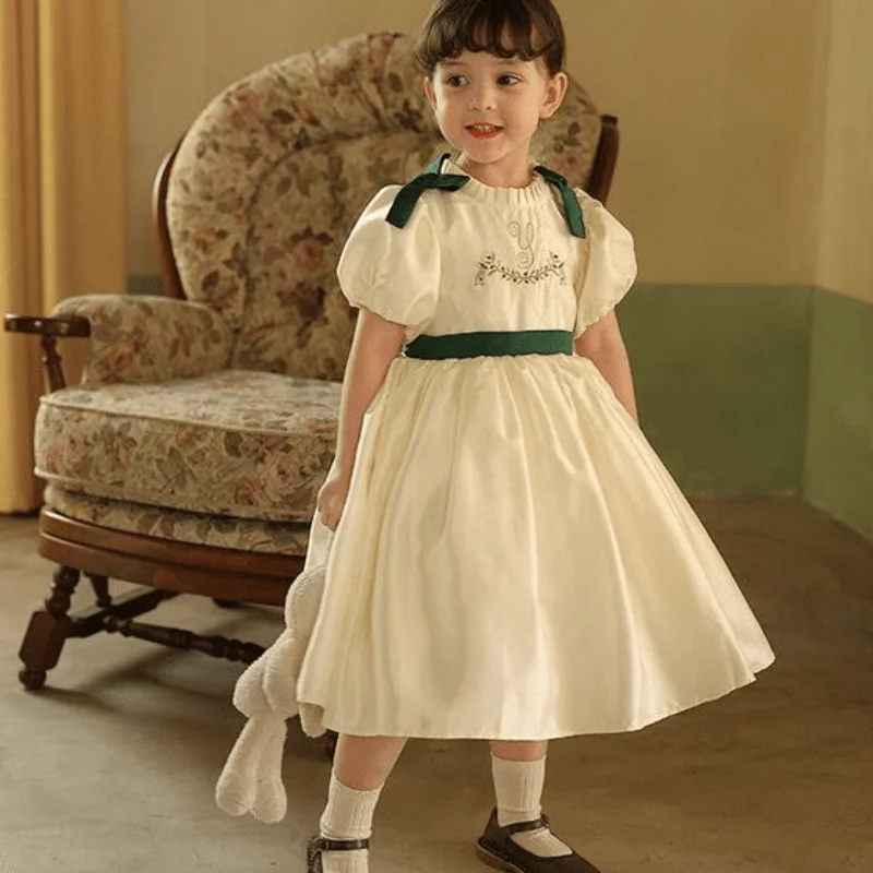 Baby Girl Princess Tutu Dress Infant Toddler Child Puff Sleeve Vintage Bow Vestido Embroidery Party Birthday Eid Frocks 1-10Y