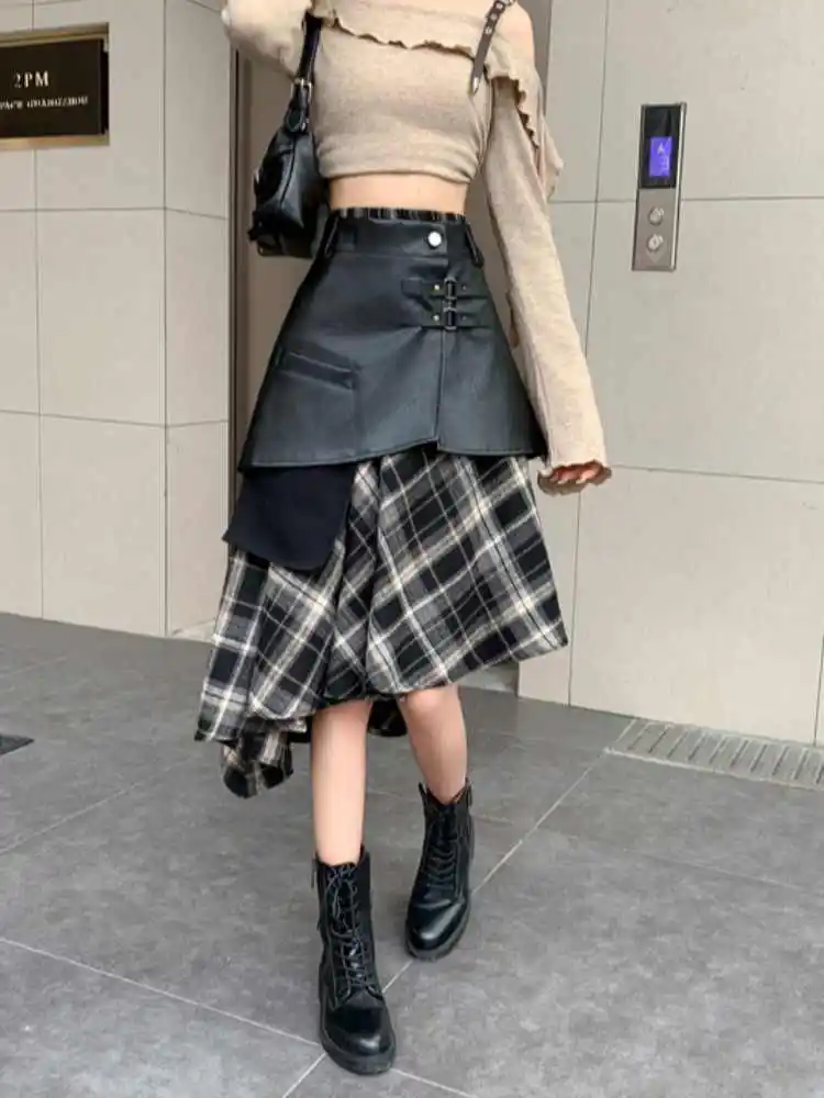 Irregular Patchwork Skirt High Waist Design PU Leather Skirt Temperament Checkered A-line Skirt 2024 Autumn New Women's Clothing