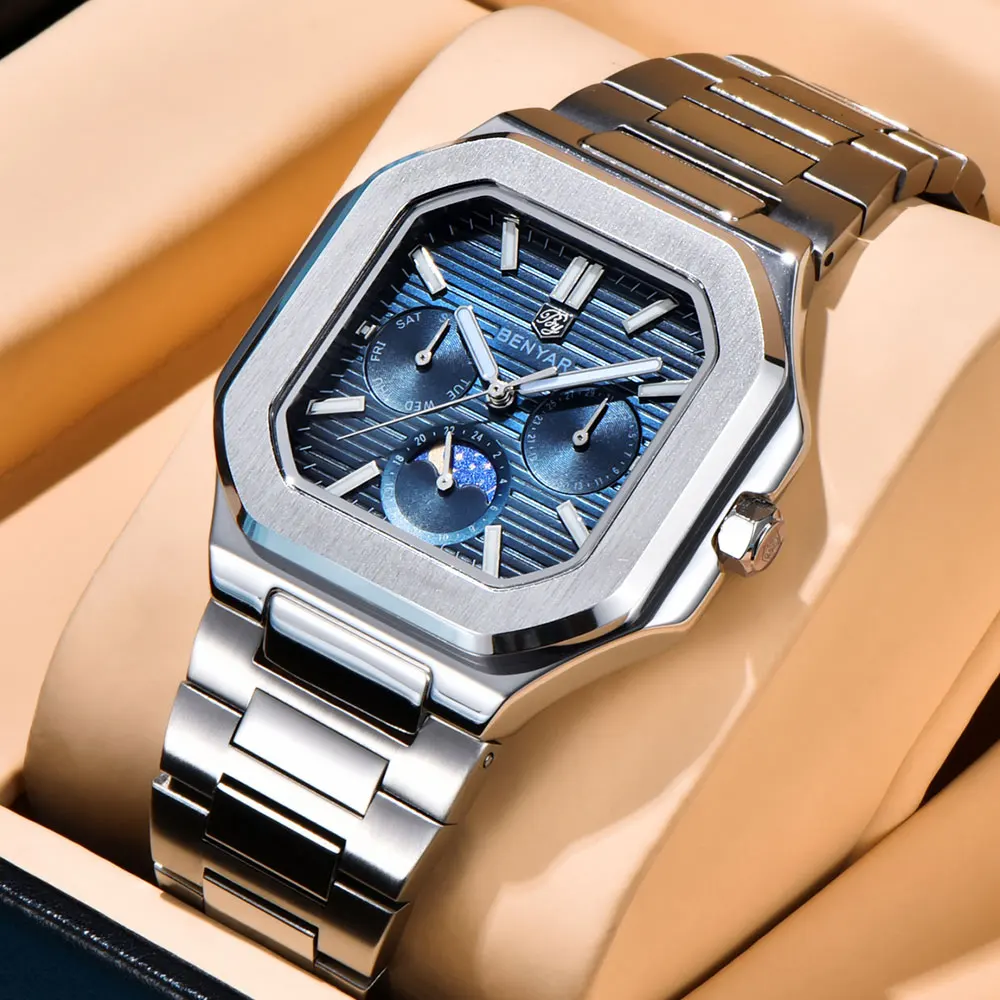 BENYAR New 37mm Mens Watch Top Brand Quartz Wristwatch Classic Luxury Waterproof Watch Stainless Steel Sapphire Glass Gift Watch