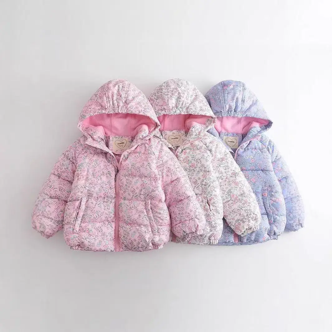 3-9 Y Girls Cotton Jacket Middle Small Children Winter Short Children's Female Treasure Print Flowers Cotton Clothing 100-150cm