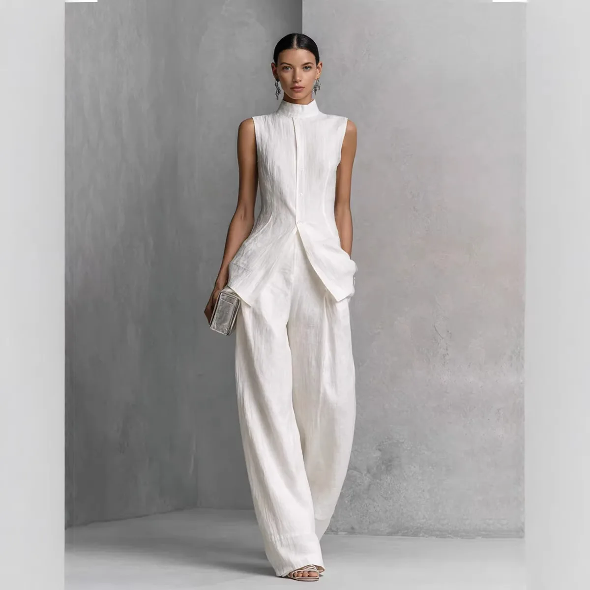 Women's Cotton Linen Elegant Blouse 2 Piece Set Stand Collar Sleeveless Top & Wide Leg Pants Suits Casual Summer Office Outfits