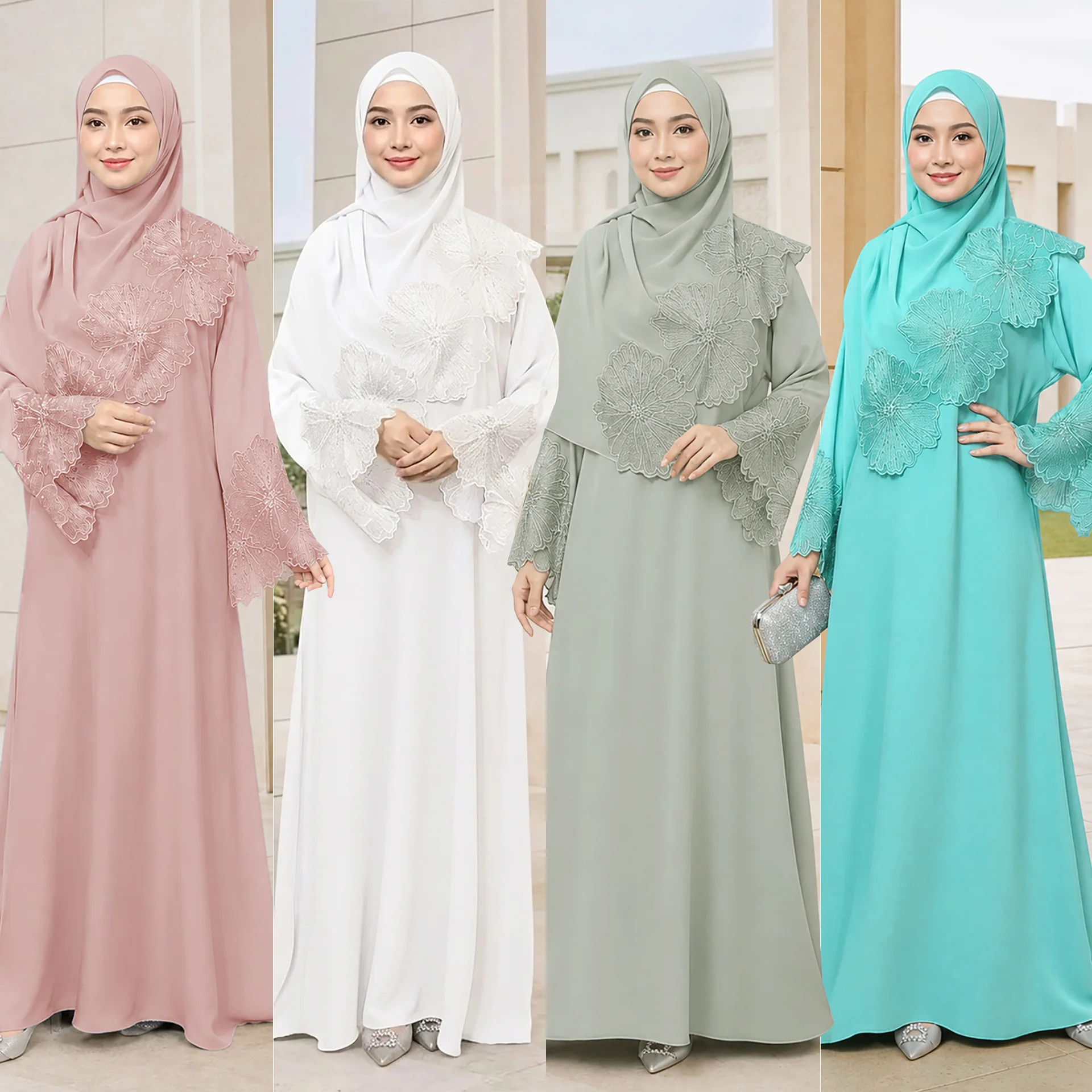 Women Eid Dress 2 Piece Set Hijab Lace Dresses Suit Diamonds Muslim Modest Robe Abaya Ramadan Dubai Kaftan Vestidos Jalabiya