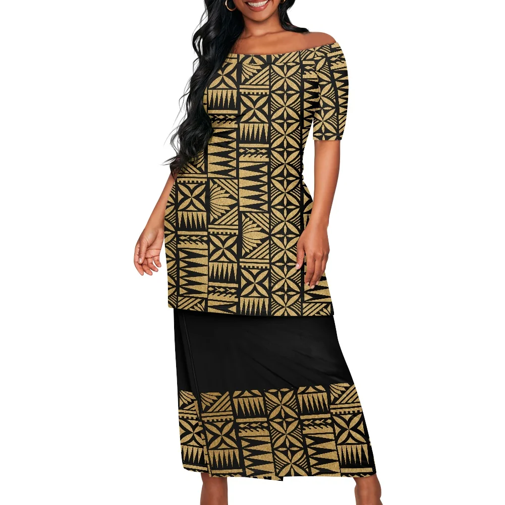 Summer Islander Women Puletasi Samoa Elegant Dresses Lady Short Sleeve Off shoulder Two Piece Set Polynesian Tribal Clothing