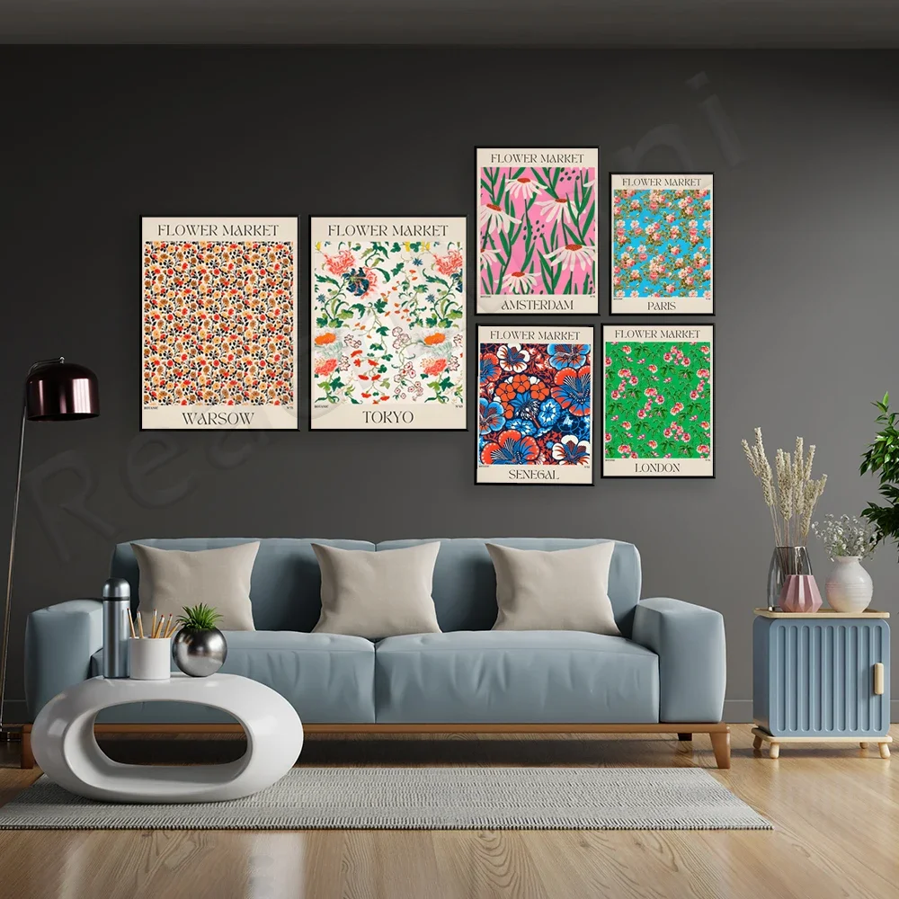 Flower Market Poster Print Vintage Botanical Plant Canvas Painting Abstract Wall Art Nordic Picture for Living Room Home Decor