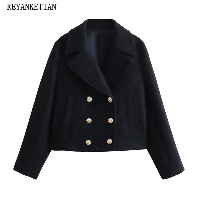 KEYANKETIAN Autumn/Winter New Women\'s Double-breasted Short Coat Notched Collar Office Lady Loose Black Woolen Suit Crop Blazer